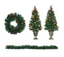 Lot De 4 Décorations De Noël LED - Couronne, Guirlande, 2 Sapins Avec Pots