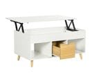 Table Basse Relevable - Tiroir, 2 Niches, Coffre - Bois Clair Blanc