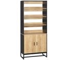 Buffet Haut 2 Portes Total 5 Étagères Piètement Acier Noir Aspect Bois Clair