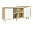 Meuble TV Scandinave Porte 3 Niches 2 Tiroirs Bois Clair Blanc