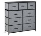 Rangement Commode 9 Tiroirs Plateau Acier Mdf Noir Non Tissé Gris