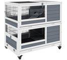 Clapier Cage Lapin Sur Roulettes 2 Niveaux Bois Sapin Gris Blanc