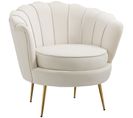 Fauteuil Design Coquillage Pieds Dorés Effilés Velours Blanc Laiteux