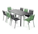 Palavas - Ensemble Table De Jardin Et 8 Fauteuils En Métal Vert Cactus Et Gris