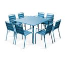 Palavas - Ensemble Table De Jardin Carrée Et 8 Fauteuils En Métal Bleu Pacific