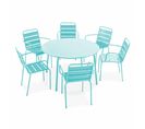 Palavas - Ensemble Table De Jardin Ronde Et 6 Fauteuils Acier Turquoise