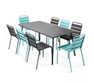 Palavas - Ensemble Table De Jardin Et 8 Chaises En Métal Gris Et Turquoise