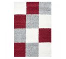 Tapis Poils Longs Shaggy 60x110 Rectangle Tissé Rouge Et Gris Motif Damier