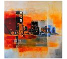 Tableau Bois Abstraction - Ville Panoramique 30 X 30 Cm Orange