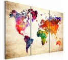 Tableau La Carte Du Monde à L'aquarelle 120 X 80 Cm Multicolore