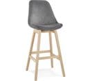 Tabouret De Bar Rembourré Velour Gris Pied Bois H Assise 76cm