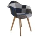 Fauteuil Scandinave Patchwork Bleu Gris Pieds Bois - Gris