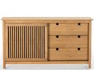 Buffet Bas En Pin Massif Décor Ciré Chêne, Meuble De Rangement - L. 150 X P. 40 X H. 80 Cm