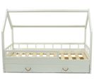 Lit Enfant Maison Scandinave Bois Naturel Avec Tiroir, Barrières De Sécurité (160x80cm) - Blanc