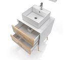 Meuble Salle De Bain Scandinave Blanc Et Bois Naturel 60 Cm Avec Tiroirs, Vasque A Poser - Miroir