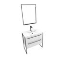 Pack Meuble De Salle De Bain 80x50cm Blanc - 2 Tiroirs - Vasque Blanche Et Miroir Noir Mat