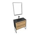 Pack Meuble De Salle De Bain 80x50 Cm Noir Mat - 2 Tiroirs - Vasque Noir Effet Pierre - Miroir LED