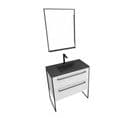 Pack Meuble De Salle De Bain 80x50cm Blanc - 2 Tiroirs - Vasque Resine Noire Effet Pierre - Miroir