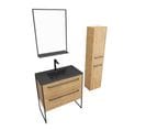 Pack Meuble De Salle De Bain 80x50cm Chene Brun - 2 Tiroirs Chene Brun - Vasque Resine Noire