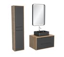 Meuble Salle De Bains 80 Cm, Vasque Rectangle, Miroir LED Et Colonne - Chêne Naturel Et Noir - Uby