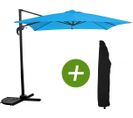 Parasol Jardin Déporté "soleil" - Carré - 2.5 X 2.5 M - Bleu + Housse De Protection