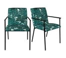 Lot De 2 Chaises En Tissu Vert Motif Feuilles Avec Accoudoirs - Office 1708