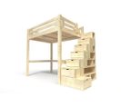 Lit Mezzanine Alpage Bois + Escalier Cube Hauteur Réglable, Couleur: Vernis Naturel, 120x200