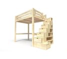 Lit Mezzanine Alpage Bois + Escalier Cube Hauteur Réglable, Couleur: Brut, Dimensions: 140x200