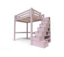 Lit Mezzanine Alpage Bois + Escalier Cube Hauteur Réglable, Couleur: Violet Pastel, 120x200