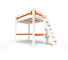 Lit Mezzanine Alpage Bois + Échelle Hauteur Réglable, Couleur: Blanc/orange, Dimensions: 120x200