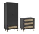 Commode 3 Tiroirs Et Armoire 2 Portes 1 Tiroir Canne - Noir