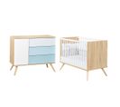 Lit Bébé 60x120 Et Commode 3 Tiroirs 1 Porte Seventies - Bois Blanc Et Bleu