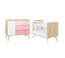 Lit Bébé 60x120 Et Commode 3 Tiroirs 1 Porte Seventies - Bois Blanc Et Rose