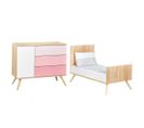 Lit Évolutif 70x140 Et Commode 3 Tiroirs 1 Porte Seventies - Bois Blanc Et Rose