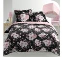 Pack Housse De Couette  220x240 Cm Percale Luxe Flower Noir + Drap Housse 140x190 Rose