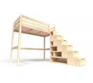 Lit Mezzanine Sylvia Avec Escalier Cube Bois, Couleur: Brut, Dimensions: 90x200