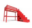 Lit Mezzanine Sylvia Avec Escalier Cube Bois, Couleur: Rouge, Dimensions: 90x200