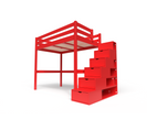 Lit Mezzanine Sylvia Avec Escalier Cube Bois, Couleur: Rouge, Dimensions: 120x200