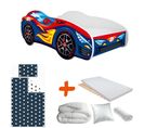 Pack Complet  Lit  Enfant  Voiture Racing Bleue : Lit + Matelas + Parure + Couette + Oreiller