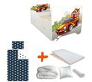 Pack Complet Lit Voiture De Course : Sommier + Tiroir + Matelas Et Parure + Couette + Oreiller