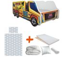 Pack Complet Lit Camion Modèle Grue Jaune : Lit + Sommier+ Matelas + Parure+ Couette + Oreiller