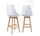 Lot 2 Chaises De Bar Scandinaves 70cm Large Siège Coussin Simili Pieds Bois TIKA (blanc Gris)