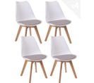 Lot 4 Chaises Scandinaves Large Siège Coussin Simili Pieds Bois Hêtre LAO (blanc Gris)