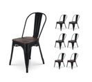 Lot De 6 Chaises En Métal Noir Mat Avec Assise En Bois Massif Foncé - Style Industriel