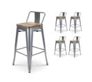 Lot De 4 Tabourets De Bar Gris Style Industriel Avec Dossier Et Assise En Bois Clair - Hauteur 66 Cm