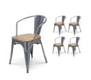 Lot De 4 Chaisess En Métal Gris Argenté Style Industriel Avec Assise En Bois Clair - Avec