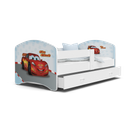 Lit Enfant Happy 80x160 Cars Blanc Livré Avec Sommiers, Tiroir Et Matelas En Mousse De 7cm