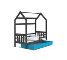 Lit Cabane 2  80x160 Gris - Bleu Livré Avec Sommiers, Tiroir Et Matelas En Mousse De 7cm