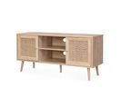 Meuble Tv En Cannage 120x39x56.5cm -  Bohème - Naturel. 2 Niveaux. 2 Étagères. 2 Portes. Pieds