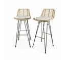 Deux Tabourets De Bar En Rotin Naturel Et Métal. Coussins Beige  75cm- Cahya